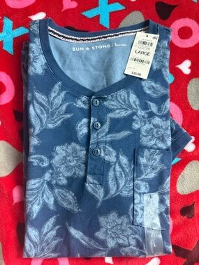 Sun + Stone Navy Blue Floral Henley Tee